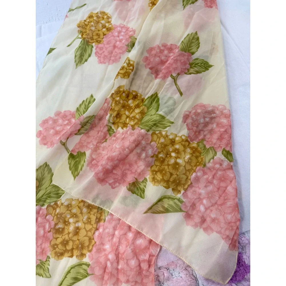Vintage Sheer Floral Hydrangea Scarf Pink Yellow Cream Lightweight Rectangular